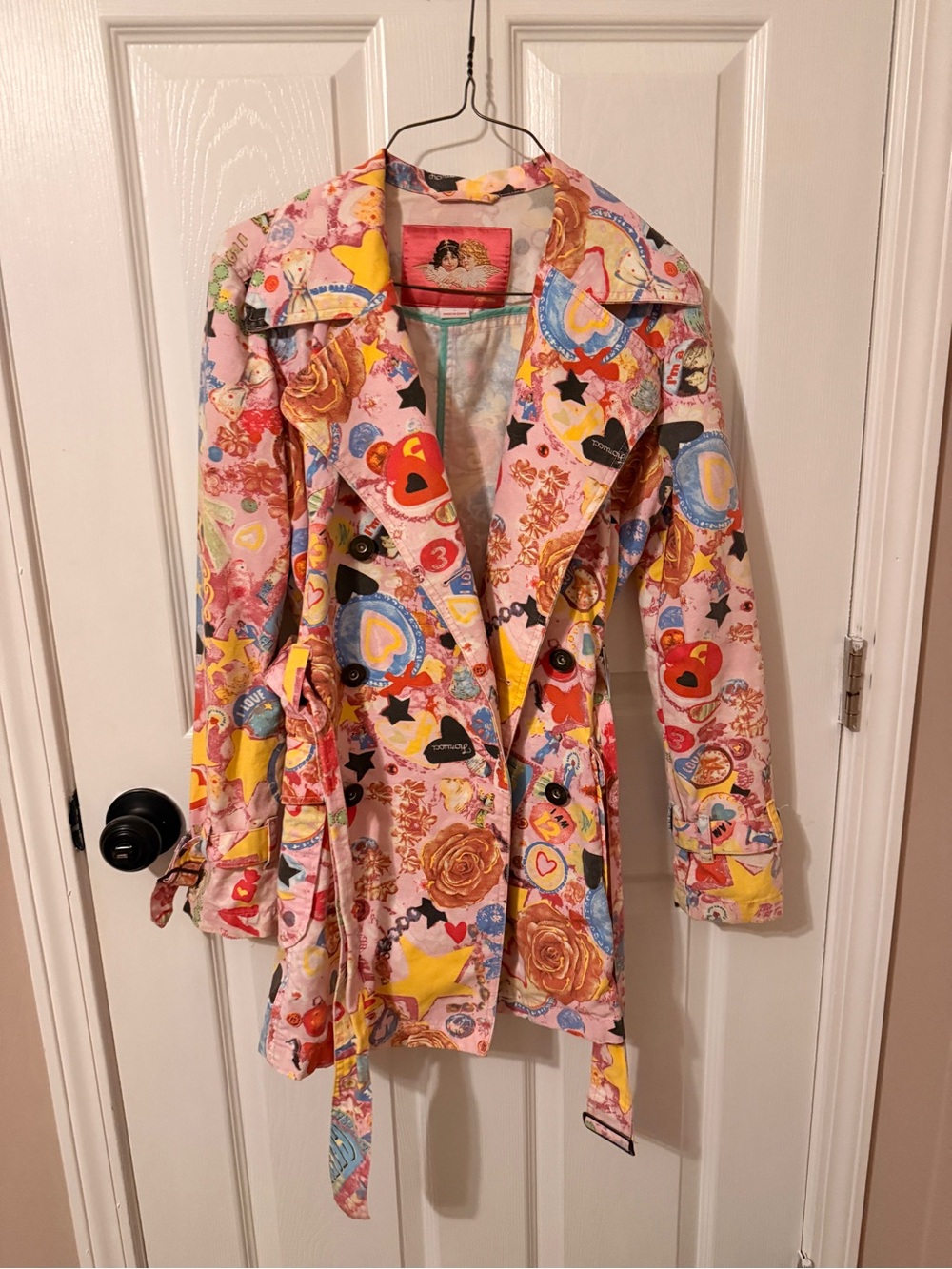 Fiorucci y2k Floral & Heart Print Trench Coat - Pink